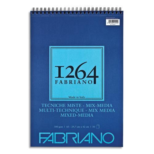 BLOC FABRIANO 1264 MULTI-TECH - 30 FEUILLES A3 - PAPIER BLANC NATUREL GRAIN MOY 300G - SPIRALE SUR LA LARGEUR