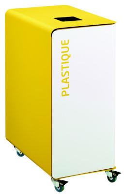 Borne de tri sélectif 90l support-sac avec roulettes sans serrure - cubatri - tri plastique-blanc+jaune_0