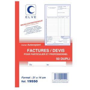 CARNET AUTOCOPIANT FACTURES / DEVIS AUTO-ENTREPRENEURS 210 X 140 MM ELVE