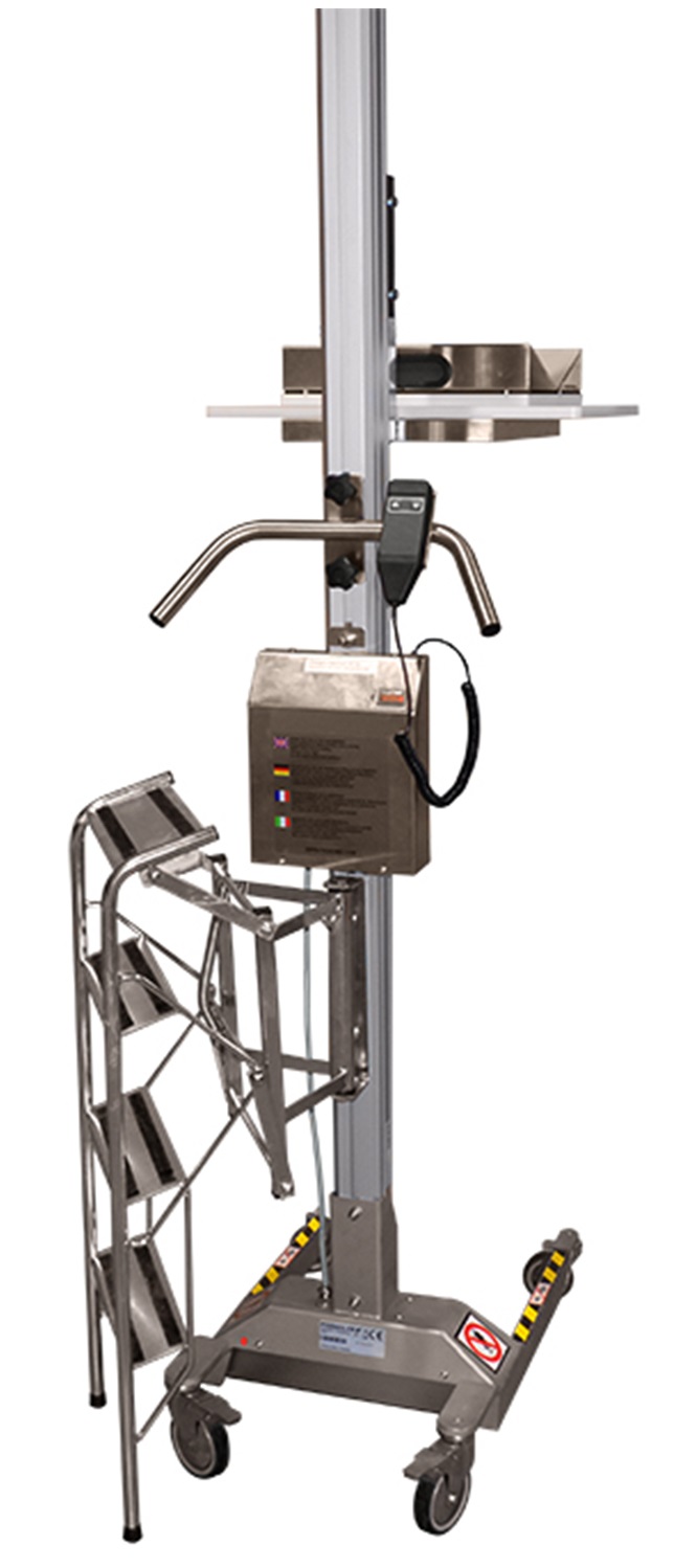 Chariot manipulateur avec escabeau pliable et rotatif - Acier ou inox - Accessoires modulables_0