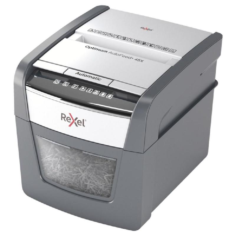 DESTRUCTEUR DE DOCUMENTS REXEL OPTIMUM AUTO+ 45X COUPE CROISEE DIN P4 - 45 FEUILLES - CORBEILLE 20L - ANTHRACITE