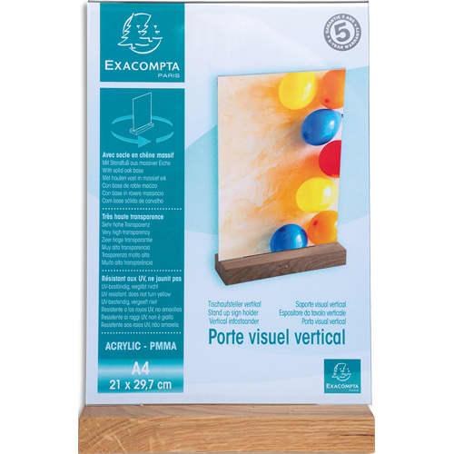Exacompta - Porte-visuel droit en acrylique transparent avec socle en bois de chêne massif - Format A4 vertical - Affichage double-face, résistant aux UV_0