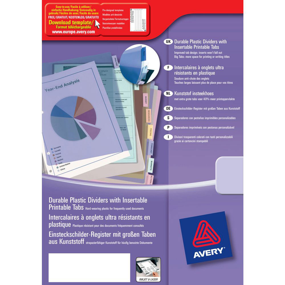 INTERCALAIRES A ONGLETS PERSONNALISABLES AVERY - POLYPROPYLENE 18/100EME - A4 - 8 POSITIONS - TRANSPARENT - LOT DE 2