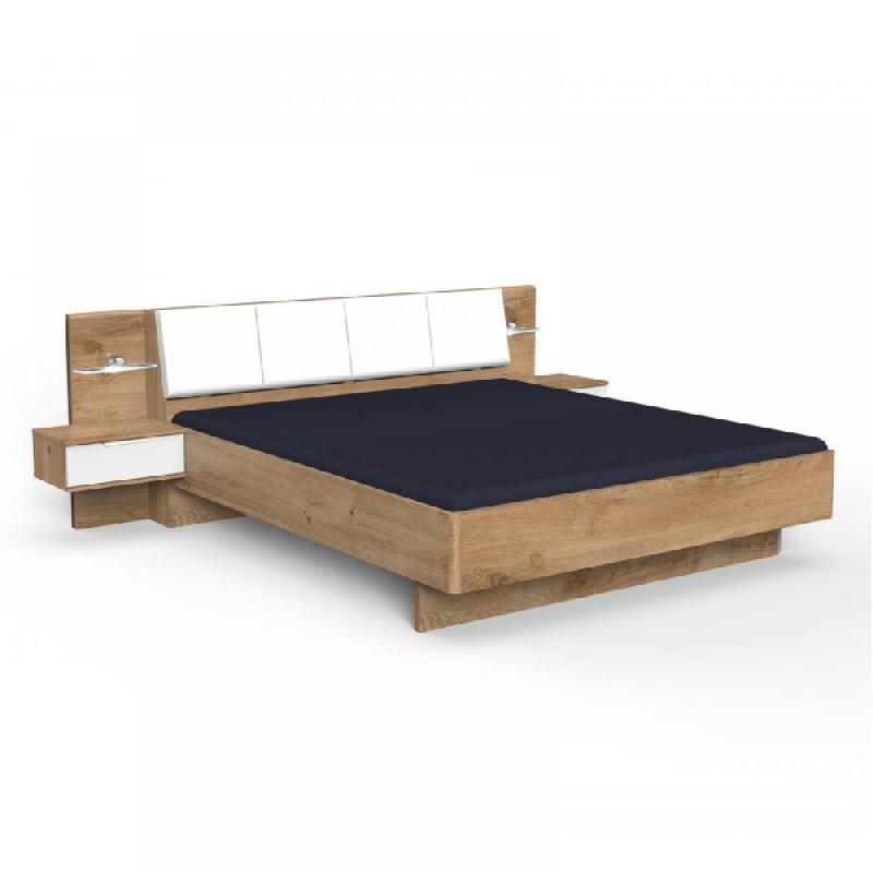 Lit VIRONI 160 x 200 cm chêne et blanc - Chevets, étagère avec éclairage LED et coffre de rangement_0