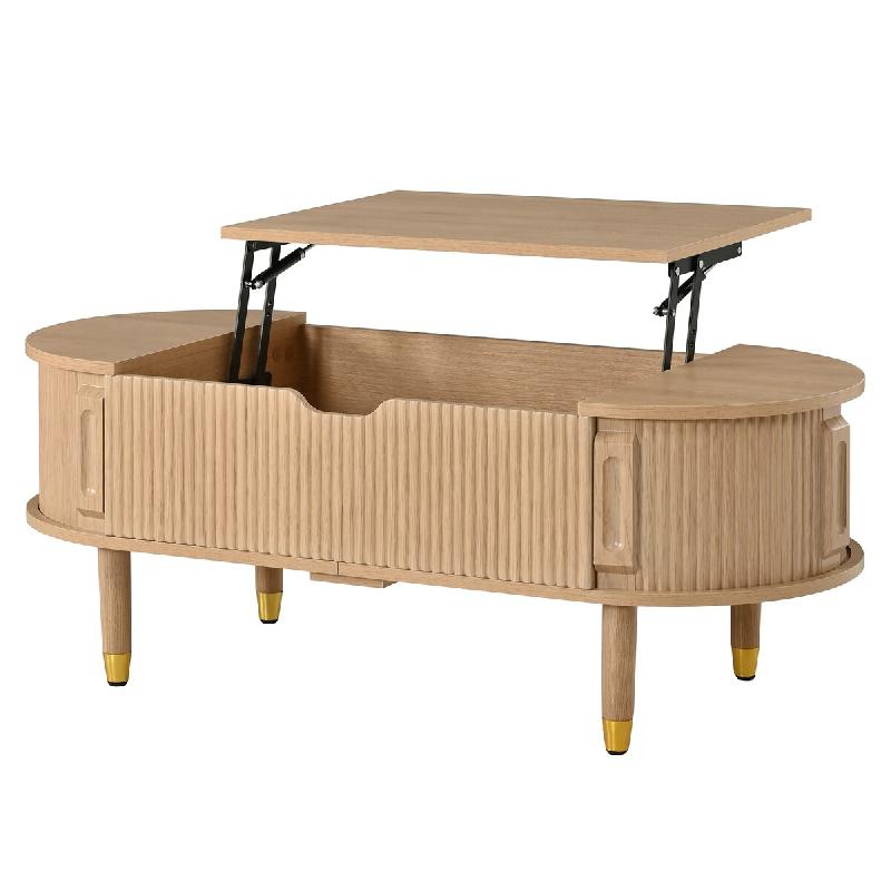 Merax Table basse 110 x 48 x 57 cm avec plateau relevable hydraulique, rangements, 2 portes coulissantes rainurées et pieds en hévéa, coloris bois_0