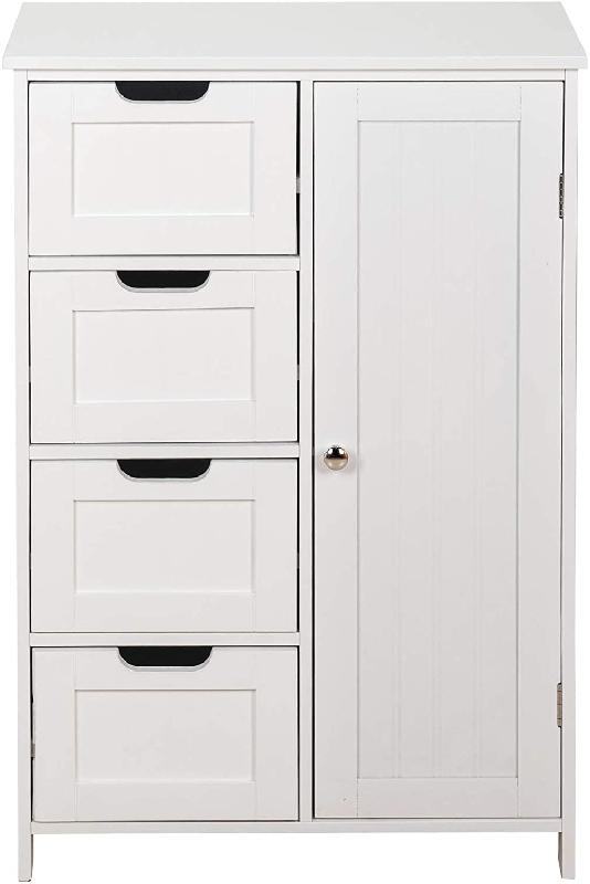 Meuble de salle de bain 82 cm blanc - 4 tiroirs, 1 compartiment fermé avec étagère réglable - Autoportant/mural - Modèle 01_0000511_0