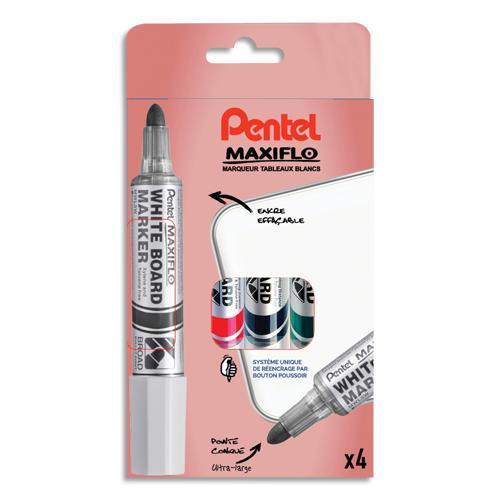 POCHETTE DE 4 MARQUEURS TABLEAUX BLANCS PENTEL MAXIFLO - POINTE CONIQUE ULTRA-LARG