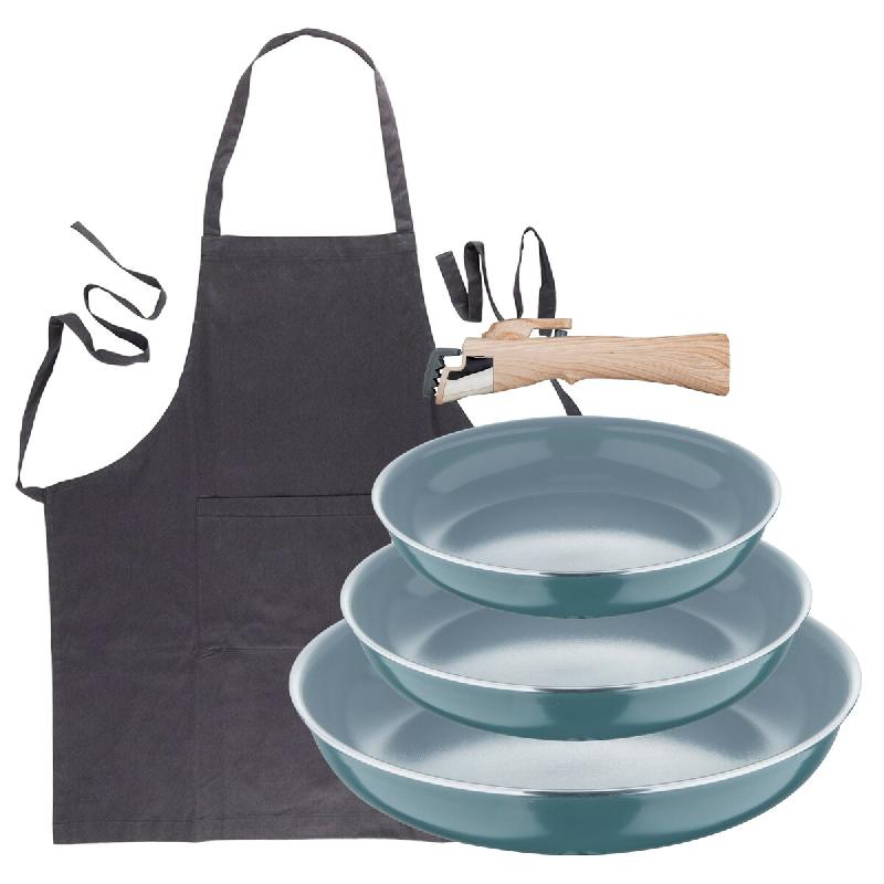 BERGNER - Lot de 3 poêles Ø18/20/24 cm en aluminium pressé recyclé vert avec poignée amovible et tablier de cuisine gris foncé 100 % coton 75x80_0