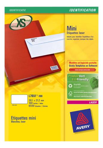ETIQUETTE ADRESSE LASER 38,1 X 21,2 MM AVERY L7651-100 BLANCHE - BOÎTE DE 6500
