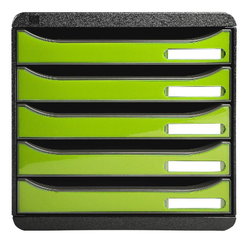 Exacompta - Réf. 3097225D - BIG BOX PLUS - Caisson 5 tiroirs  - Dimensions extérieures :  Prof. 34,7 x l 27,8 x H 27,1cm - Noir/Vert Anis glossy - v_0
