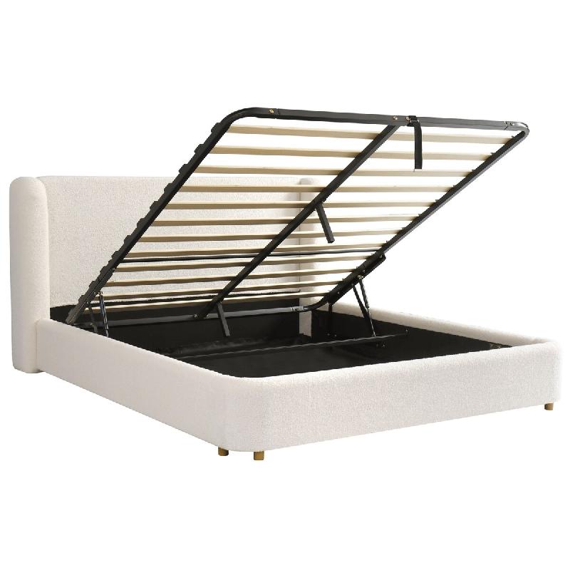 Merax Lit capitonné  140 x 190 cm, lit double avec sommier hydraulique, sommier à lattes et tête de lit bouclé amovible, beige - beige multi-maté_0