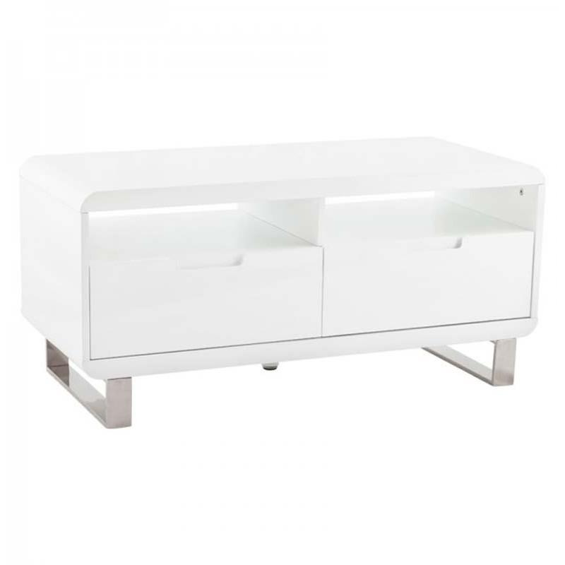 Meuble TV design Corail 100cm Blanc - Paris Prix - 2 tiroirs, protection pour sols, pieds inox_0