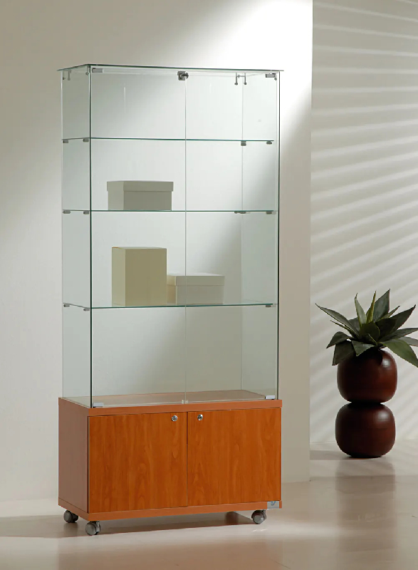 Vitrine standard avec meuble de rangement 8/18MVA - cerisier - verre trempé, 3 tablettes amovibles et roulettes_0