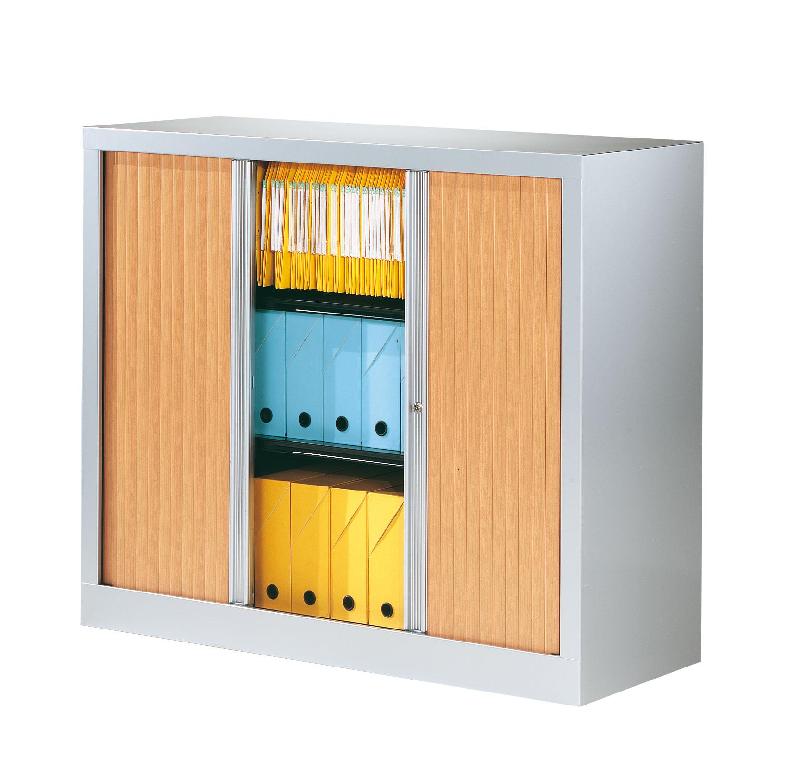 Armoire à rideaux de bureau - bicolore hêtre/aluminium - basse - L.1200 mm_0