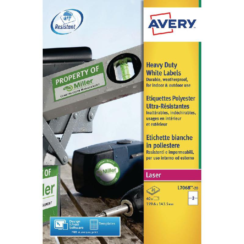 AVERY ÉTIQUETTES ULTRA-RÉSISTANTES POUR IMPRIMANTES LASER, 199,6X143,5 MM, (LOT DE 20 FEUILLES X 2 ÉTIQUETTES) BLANC