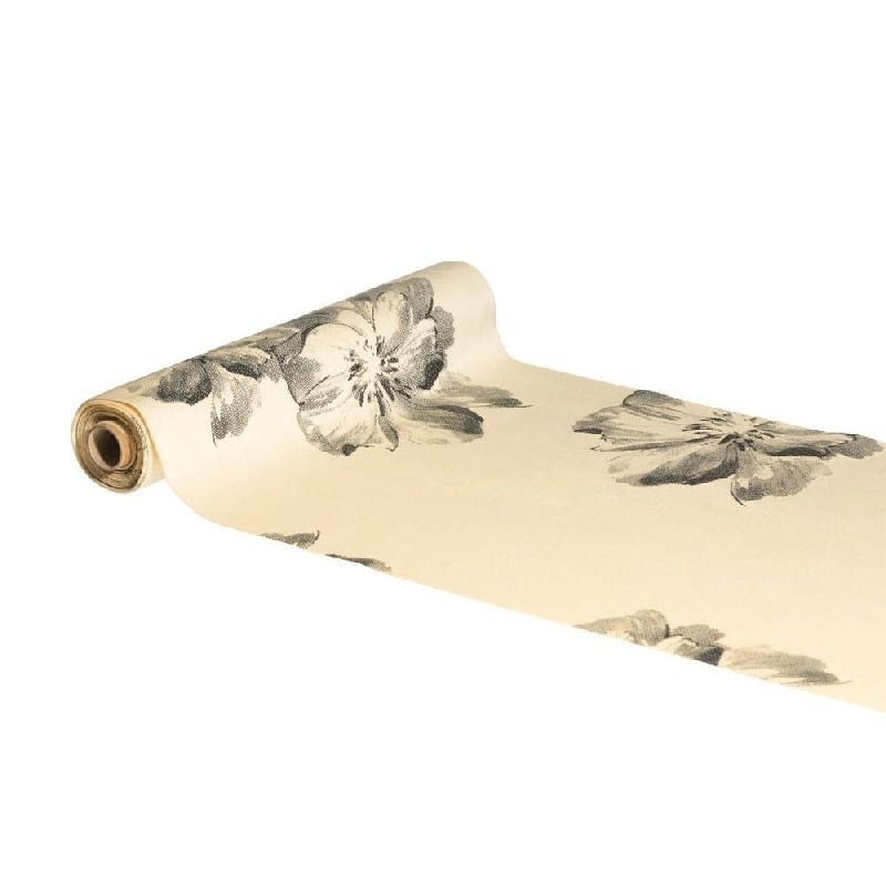 Chemin de table velours creme imprimé fleurs 28cm x 3m_0