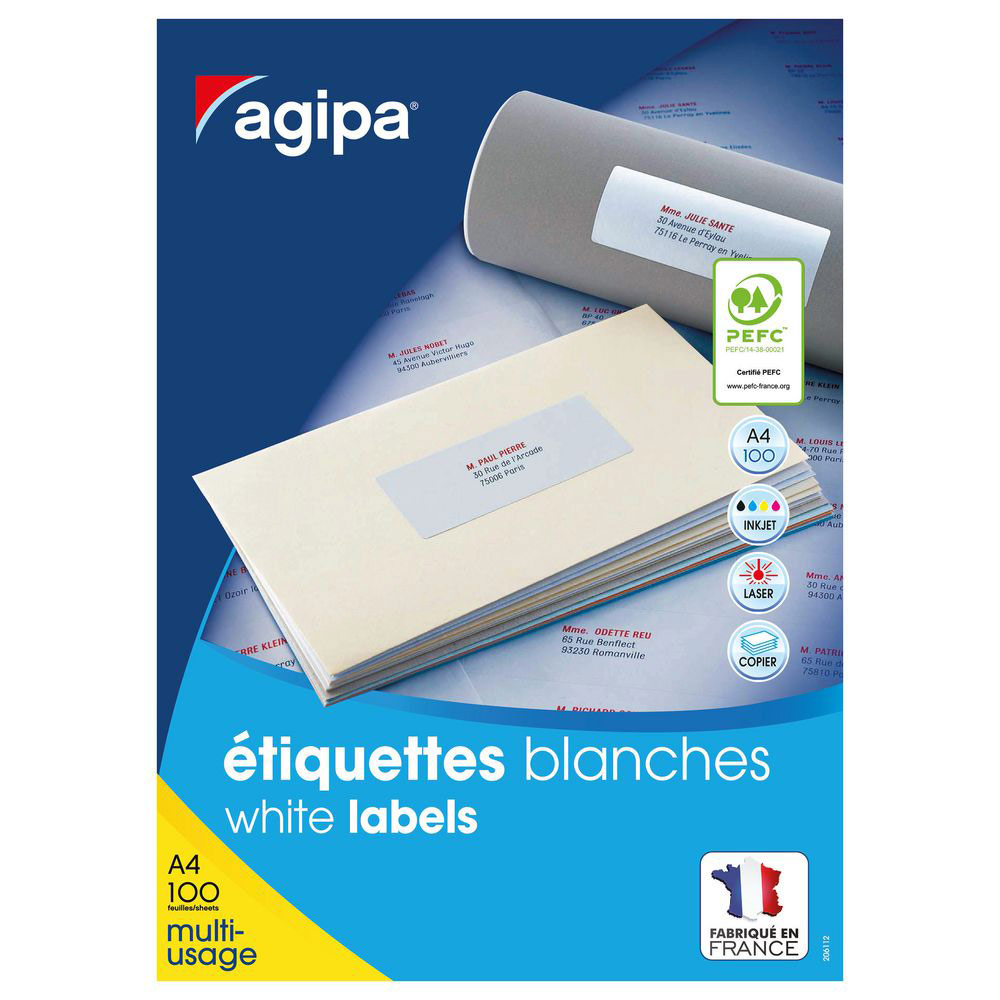 ÉTIQUETTES ADHESIVES BLANCHES MULTI-USAGES, 105  X 70 MM -  800 ETIQUETTES PAR BOÎTE, 8 ETIQUETTES PAR FEUILLE (BOÎTE 800 UNITES)