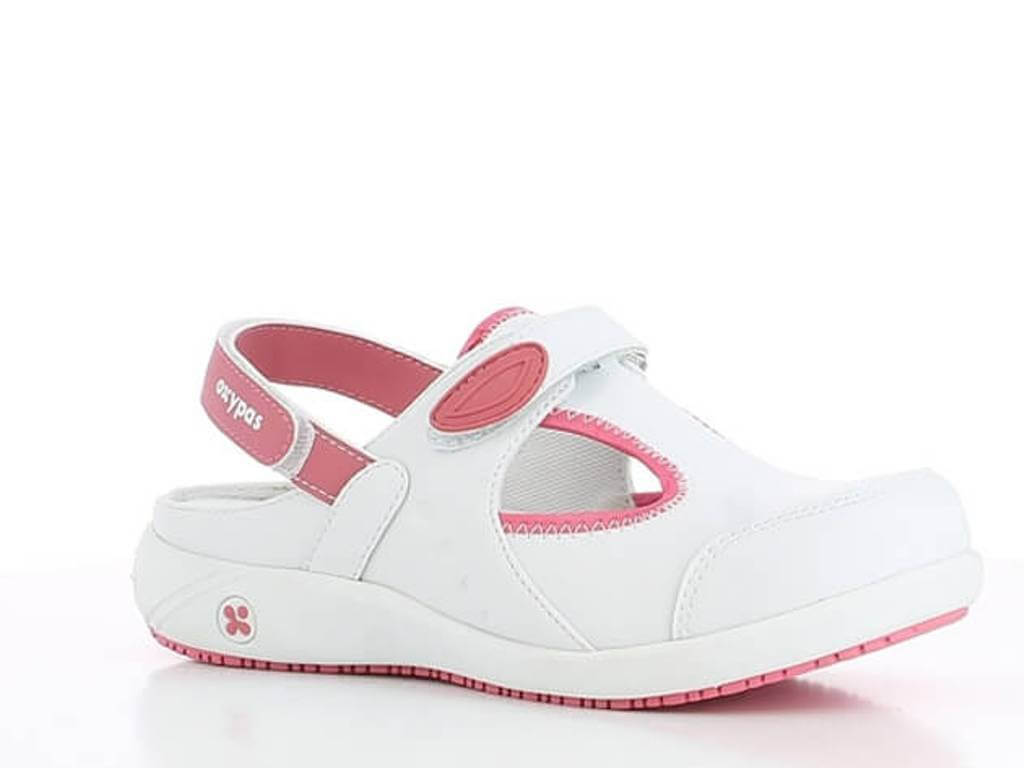 SABOT HÔPITAL EN CUIR BLANC ET ROSE AVEC BRIDE RÉGLABLE CARIN OXYPAS