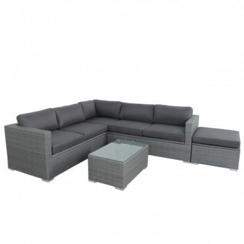 SALON DE JARDIN RÉSINE TRESSÉE D'ANGLE FONCTIONNEL AVEC COFFRE DE RANGEMENT INTÉGRÉ - GRIS - FARENZA AVRIL PARIS