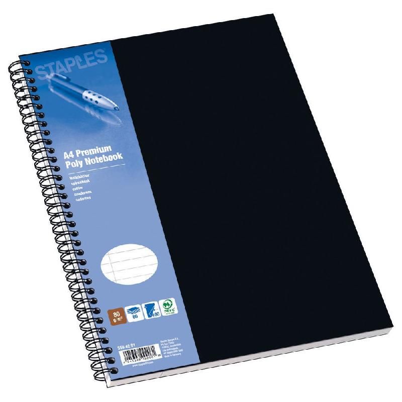 STAPLES CAHIER À SPIRALES POLYPRO - FORMAT A4 (80 G/M2) - 160 PAGES LIGNÉES - COULEUR NOIR (PRIX À L'UNITÉ)