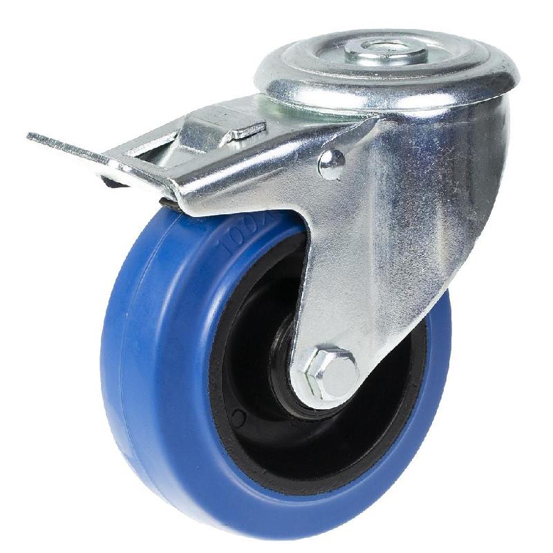 Roulette pivotante/frein de 100 mm avec caoutchouc élastique bleu sur roue centrale en nylon_0
