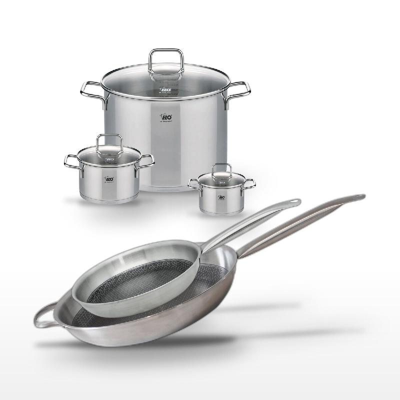 Batterie de cuisine avec 2 poêles 28/32 cm et 3 faitouts 12/16/26 cm en inox et sans PFAS Elo Collection Relief Solution Citrin - gris 3176239940169_0
