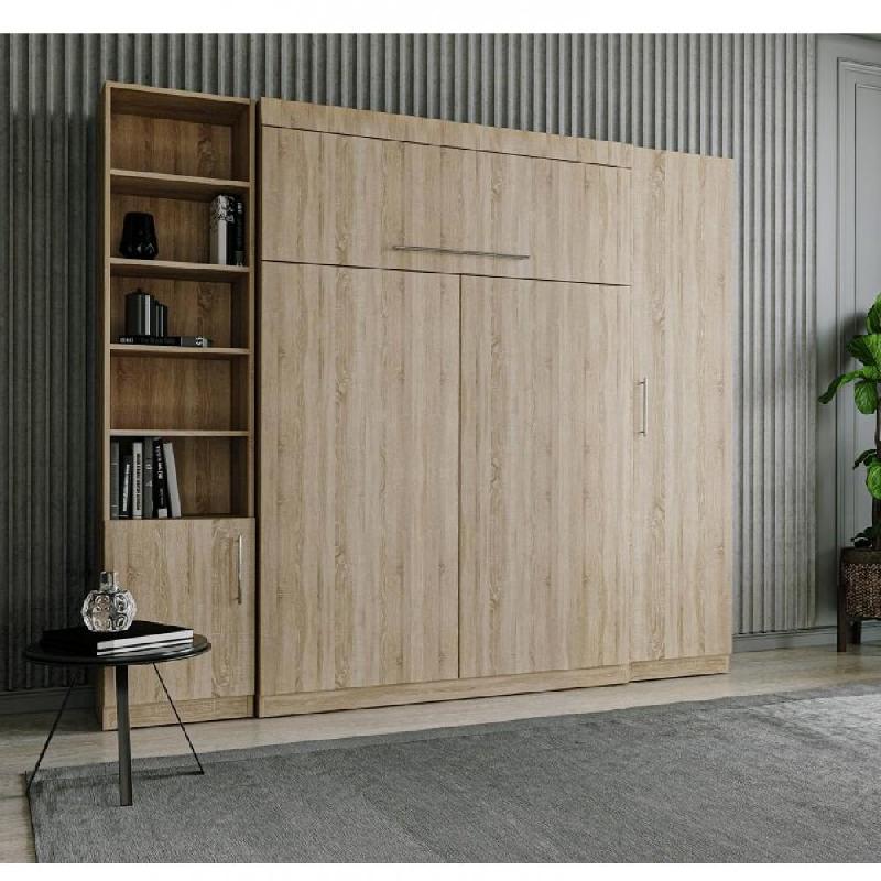 Composition armoire lit escamotable LUTECIA - Chêne naturel - Couchage 140x190 cm avec rangements intégrés_0