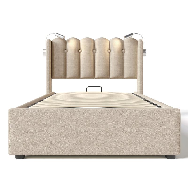 Merax Lit rembourré , lit coffre hydraulique avec liseuse et fonction de chargement 90x200cm, lin, naturel - beige multi-matériau AB20293334N_0