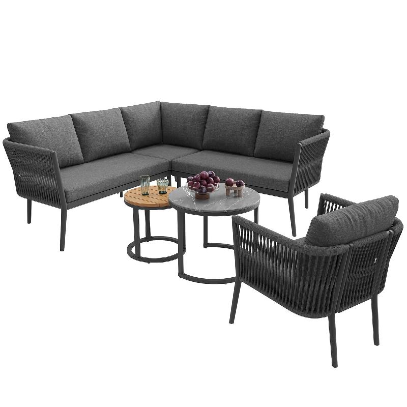 Merax salon de jardin modulable pour 5-6 personnes, ensemble de canapé d'angle avec canapé simple et 2x table, coussins, rotin PE, gris - gris méta_0