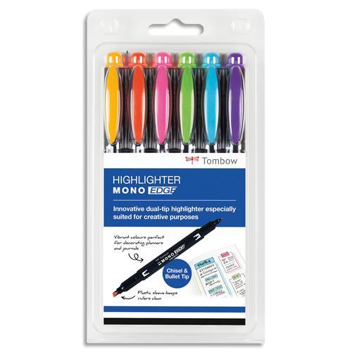 POCHETTE 6 SURLIGNEURS TOMBOW MONOEDGE 2 POINTES FINE/BISEAUTEE - SECHAGE RAPIDE - COLORIS ASSORTIS