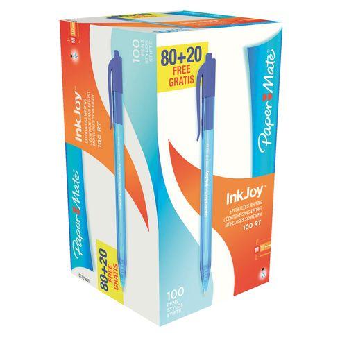 PACK DE 80 STYLOS BILLE PAPER MATE INKJOY 100 RÉTRACTABLES BLEUS + 20 OFFERTS