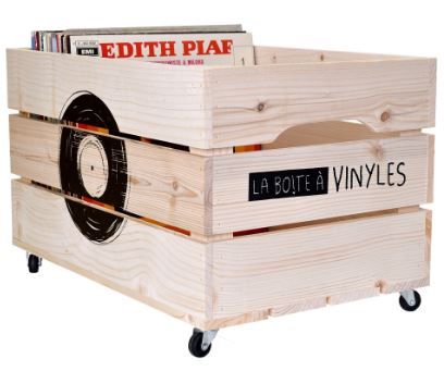 Chariot de rangement à vinyles - caisse en bois 100% made in France - Simply à Box - L54xH34xP36 cm - 4 roulettes PM_0
