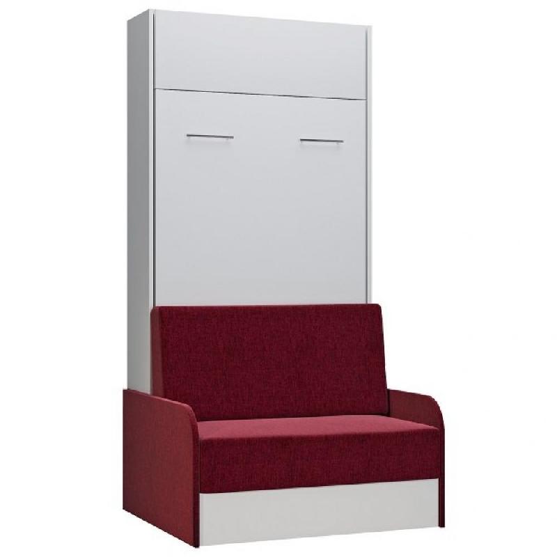 ARMOIRE LIT ESCAMOTABLE DYNAMO SOFA BLANC CANAPÉ + ACCOUDOIRS TISSU ROUGE 90*200 CM_0