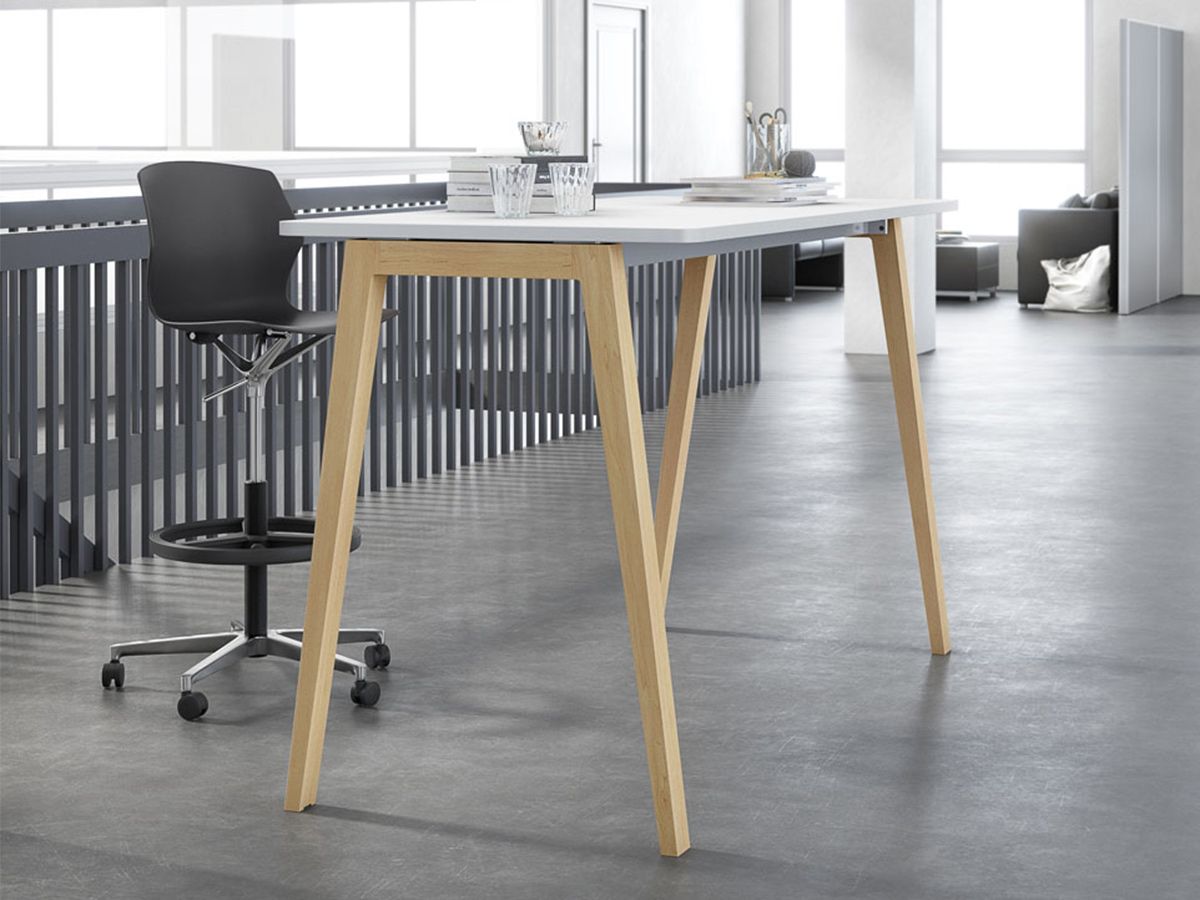 Table haute Arken Wood - design ergonomique - piètement hêtre massif et poutre métallique_0