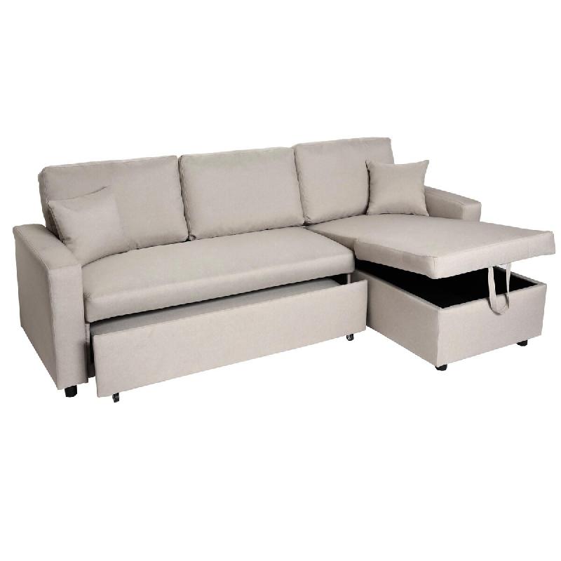 Mendler Canapé d'angle avec coffre de lit HWC-L17, canapé en forme de L, surface de couchage Nosagfeder 228cm ~ beige - beige textile 98312+98313_0