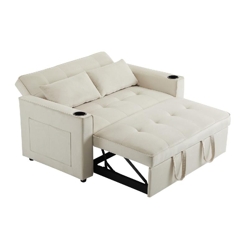 Merax Canapé-lit pliable 2 places en velours beige, porte-gobelets, poches latérales, coussins et dossier réglable - beige multi-matériau N653P464748A_0
