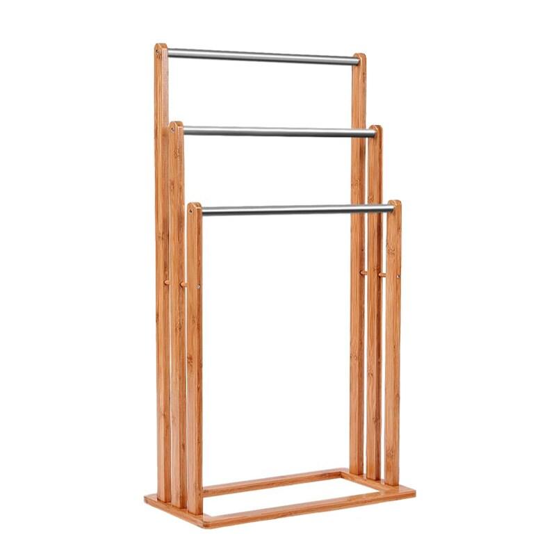 Porte-serviettes sur pied COSTWAY, porte-serviettes avec 3 barres en acier inoxydable, porte-serviettes sur pied en bambou - marron Bois manufacturé_0