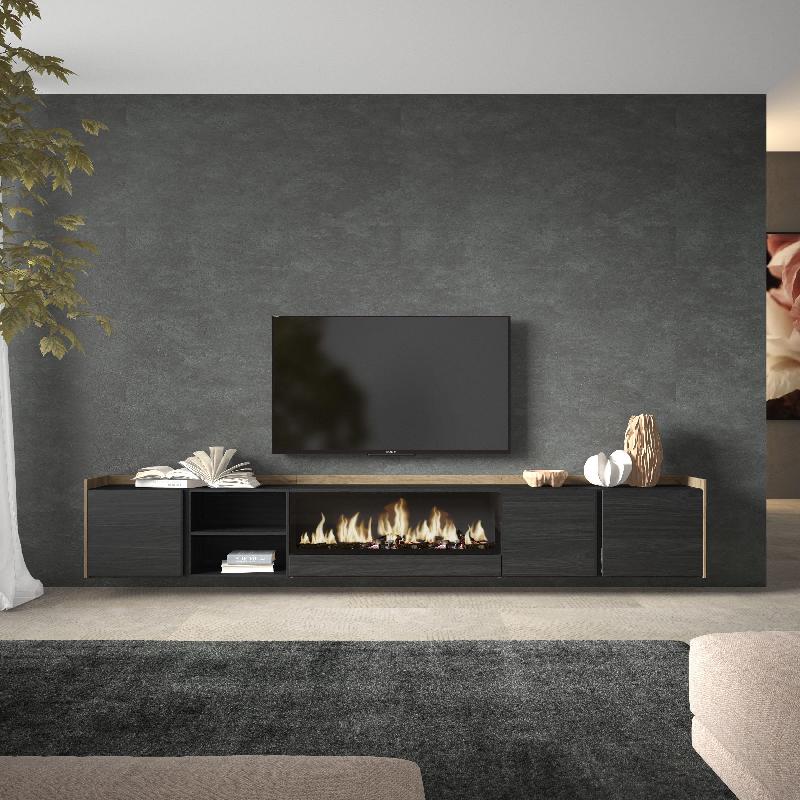 SKRAUT HOME - MEUBLE TV EFFET BOIS NOIR ET CHÊNE 315X35X50CM CHEMINÉE EFFET FEU XXL