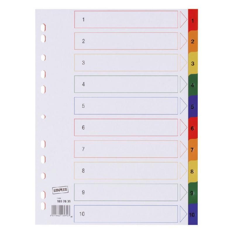 STAPLES INTERCALAIRES STAPLES - POLYPROPYLÈNE - ASSORTIS - A4 - 10 TOUCHES - NUMÉRIQUES (PRIX À L'UNITÉ)