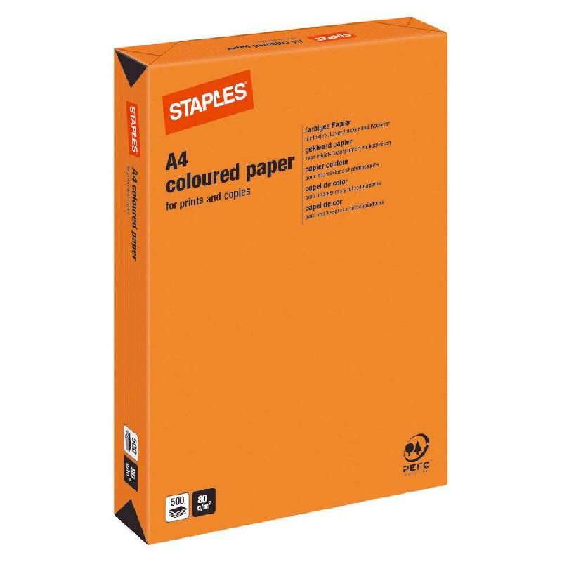 STAPLES RAMETTE 500 FEUILLES PAPIER COULEUR STAPLES - COLORIS VIF : ORANGE - A4 - 80 G/M2 (PRIX À L'UNITÉ)