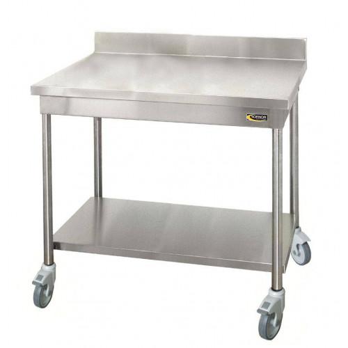 TABLE DE TRAVAIL À DOSSERET EN INOX SUR ROULETTES AVEC ÉTAGÈRE 700 X 2000 MM