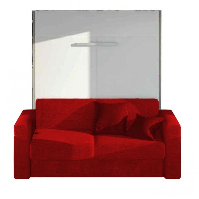 Armoire lit escamotable Traccia - Structure blanche avec canapé intégré en tissu rouge, accoudoirs larges, couchage 160x200 cm_0