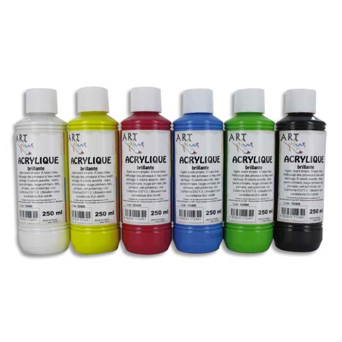 COFFRET DE 6 X 250ML ACRYLIQUE BRILLANTE BLANC, JAUNE, ROUGE, BLEU, VERT, NOIR