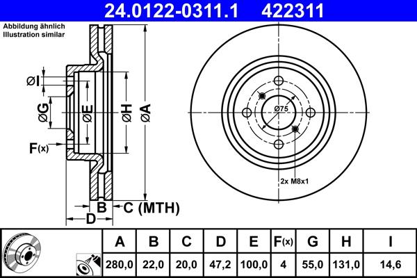 Disque de frein ATE 422311 - ventilé - pour essieu avant_0