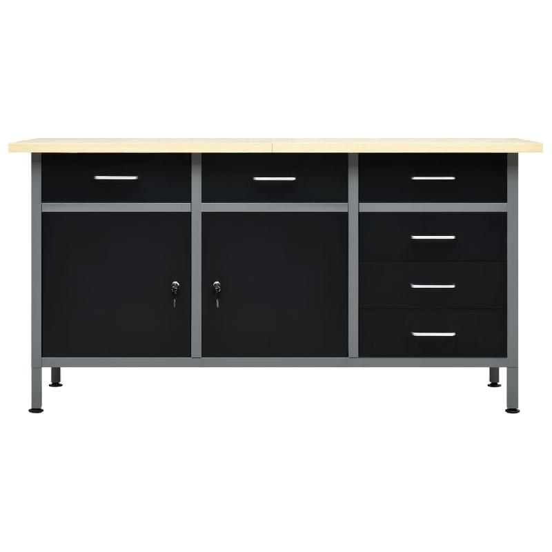 Établi robuste de 160 cm en acier noir - 6 tiroirs à roulement à billes et 2 armoires verrouillables - Plan de travail durable pour atelier et bricolage_0
