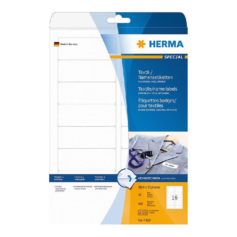 HERMA ETIQUETTES BADGES TEXTILES - HERMA - 33,8 X 88,9 MM - BLANC - BOÎTE DE 400 BADGES