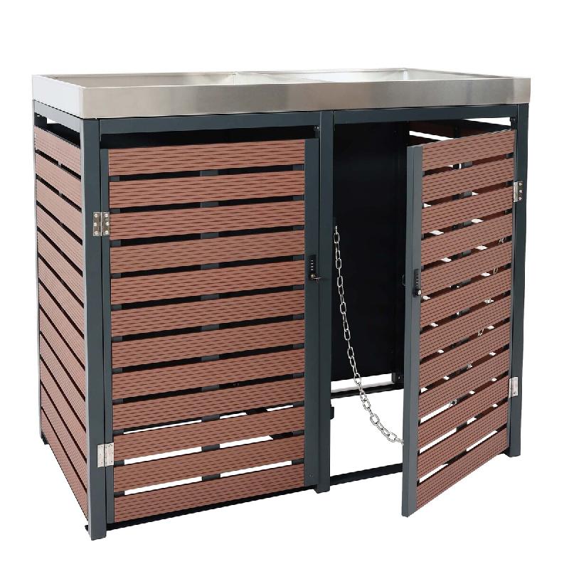 Mendler Habillage pour 2 poubelles HWC-K14, Box pour poubelles avec bac à plantes, 124x134x84cm WPC acier inoxydable 79kg ~ aspect bois de noyer - ma_0