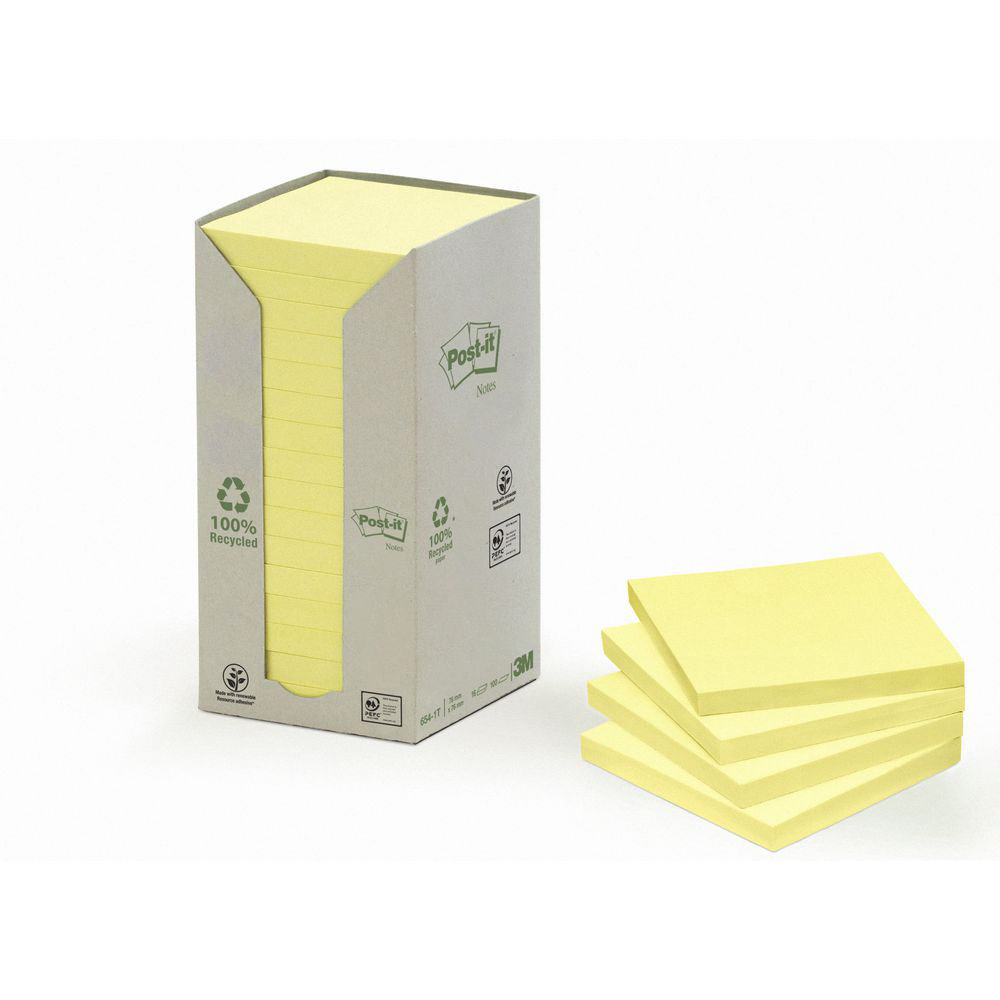 TOUR DE NOTES ADHESIVES POST-IT - 100 FEUILLES - PAPIER RECYCLE - JAUNE - 76 X 76 MM - PAQUET 16 BLOCS