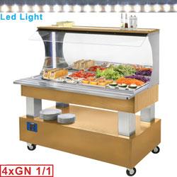 Buffet - salad bar mural réfrigéré 4x GN1/1-150 (bois chêne clair) - miroir de fond, pare-haleine en verre trempé et roulettes avec freins_0