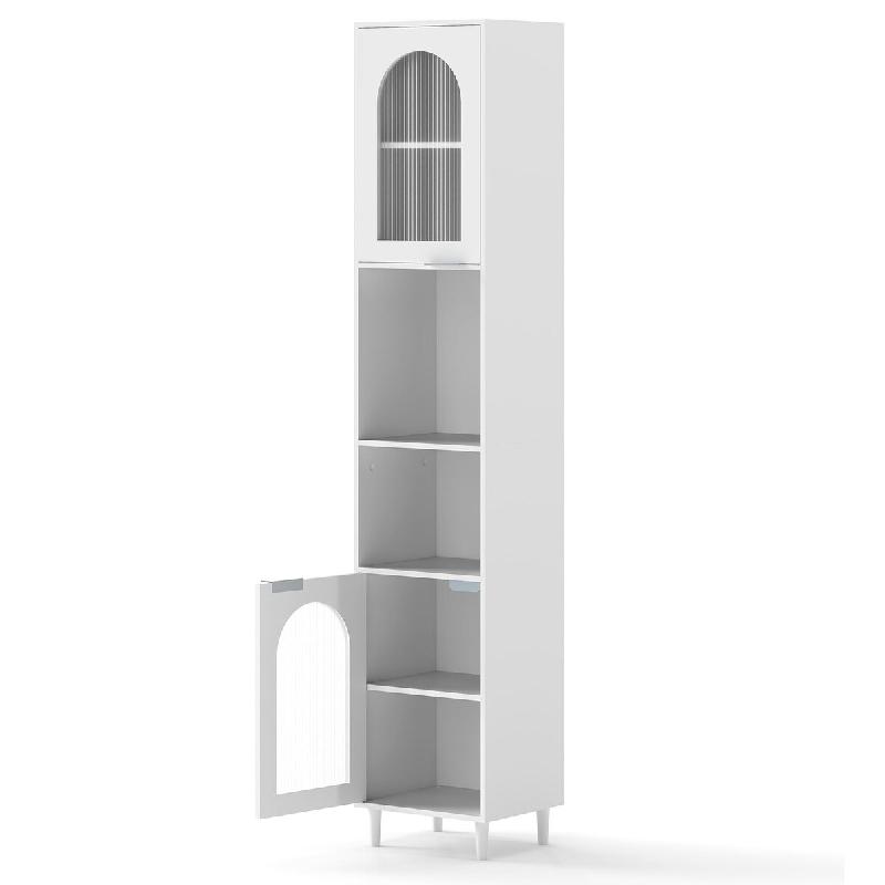 COSTWAY Armoire de salle de bain haute et étroite, armoire de salle de bain avec 2 portes vitrées et 2 étagères réglables, 35 x 30 x 180 cm, blan_0